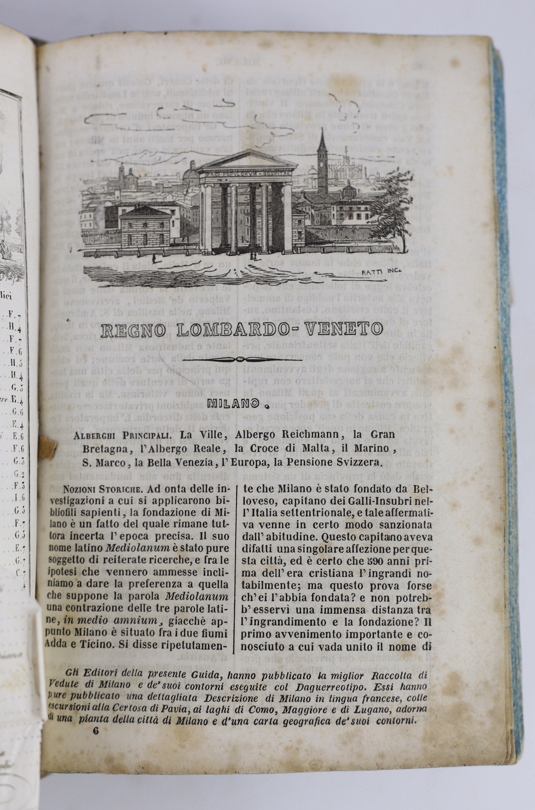 (Italy) Nuovissima Guida del Viaggiatore in Italia.....20 (mostly folded) maps and plans, text vignette illus., half and engraved titles; contemp. leather-backed cloth. Milan, 1845